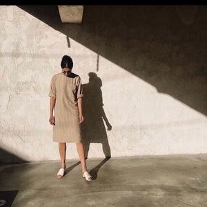 Solika Eden Half Sleeve Shirt Dress Tan Stripe Modest Minimalist Women’s Sz S